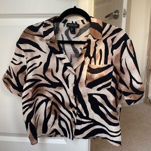 Women’s animal print zebra button up shirt, small, cropped fit